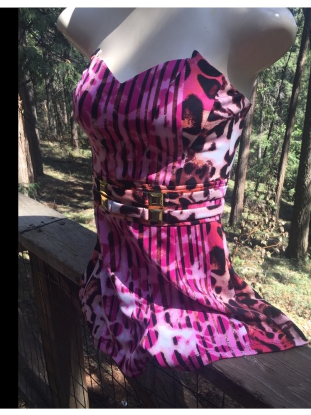 bebe Fuchsia and Black Animal-Print Strapless Dress with Gold Accent